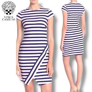 Vince Camuto Dress Navy & White Striped Midi Scuba Crepe Notched Hem | Sz 12 P